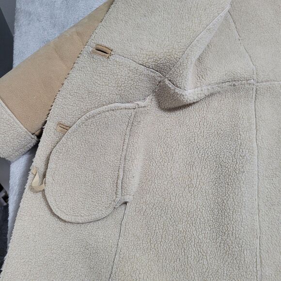 Guess Coat Womens Small Beige Genuine Leather Shearling Long Overcoat Lined - Picture 16 of 16